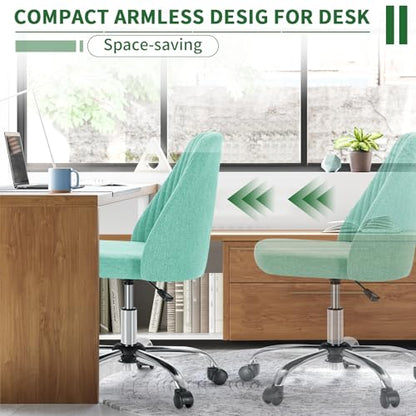 Armless Desk Chair with Comfortable Fabric Cover,Modern Home Office Chairs with Swivel Wheels for Computer Task Chairs Cute Vanity Chairs Adjustable Height for Living Room,Bed Room,Conference Office - color: Green