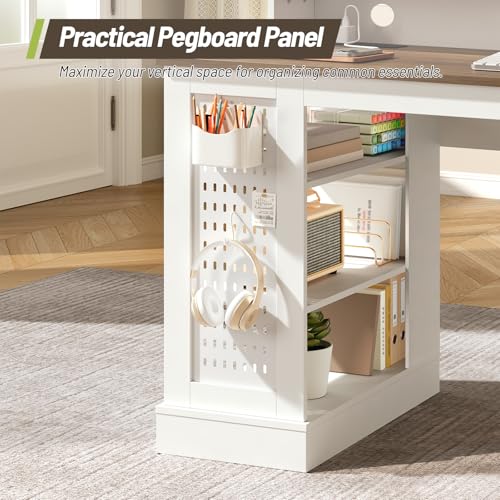 55-inch Farmhouse Executive Desk with 2 Drawers and File Cabinet, Computer Desk with 3-Tier Storage Shelves, Home Office Desk with Charging Station, Pegboard & Monitor Shelf, White and Walnut - color: White and Walnut