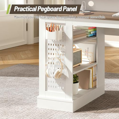 55-inch Farmhouse Executive Desk with 2 Drawers and File Cabinet, Computer Desk with 3-Tier Storage Shelves, Home Office Desk with Charging Station, Pegboard & Monitor Shelf, White and Walnut - color: White and Walnut