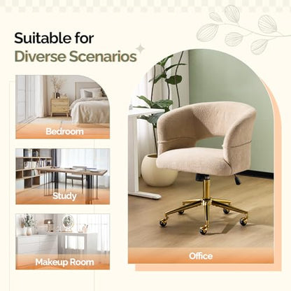 VINGLI Modern Curved Office & Vanity Desk Chair, Cute Upholstered Nail Chair with Wheels & 360° Swivel & Club & Tilting & Gold Base, for Bedroom, Living Room, Makeup, Velvet Chenille, Khaki - color: Khaki