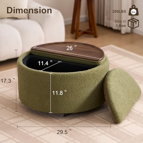 29.5" Round Storage Ottoman Coffee Table, Dual Reversible Lids, Green | Round Ottoman Coffee Table, Swivel Casters, Hidden Storage, Dual Lift-Off Lids, Teddy Fabric, Living Room, Bedroom - color: Green