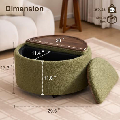 29.5" Round Storage Ottoman Coffee Table, Dual Reversible Lids, Green | Round Ottoman Coffee Table, Swivel Casters, Hidden Storage, Dual Lift-Off Lids, Teddy Fabric, Living Room, Bedroom - color: Green