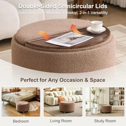 29.5" Round Storage Ottoman Coffee Table, Dual Reversible Lids, Brown | Round Ottoman Coffee Table, Swivel Casters, Hidden Storage, Dual Lift-Off Lids, Teddy Fabric, Living Room, Bedroom - color: Brown