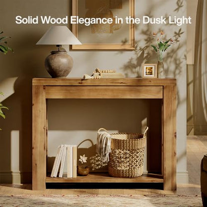 LITTLE TREE Solid Wood Console Table, Farmhouse 2-Tier Entryway Table, 43.3-Inch Narrow Sofa Table Behind The Couch for Living Room, Hallway, Foyer, Entrance