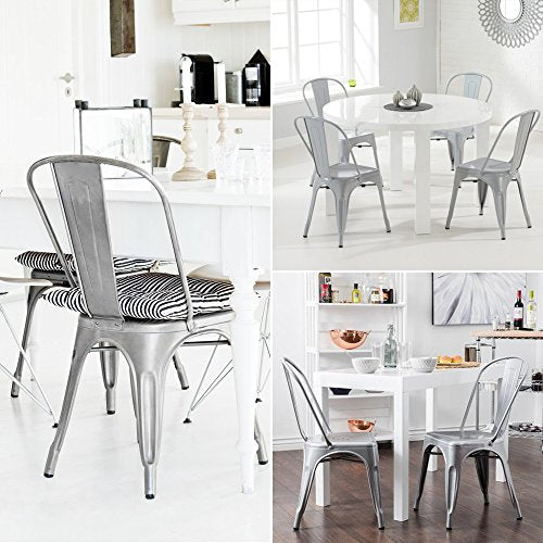 Devoko Metal Indoor-Outdoor Chairs Distressed Style Kitchen Dining Chairs Stackable Side Chair with Back Set of 4 (Silver) - color: Silver