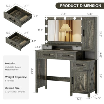 TAGELIER Vanity Desk Mirror with 11 Hollywood Blubs & Charging Station | 3 in 1 Farmhouse Lighted Vanity Table with Drawers & Shelves, Rustic Big Makeup Desk for Bedroom, Cloakroom, Dark Oak - style: Dark Oak-40