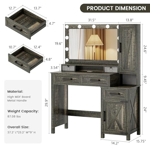 TAGELIER Vanity Desk Mirror with 11 Hollywood Blubs & Charging Station | 3 in 1 Farmhouse Lighted Vanity Table with Drawers & Shelves, Rustic Big Makeup Desk for Bedroom, Cloakroom, Dark Oak - style: Dark Oak-40
