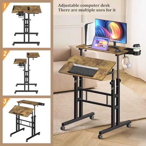 Enayplon Small Standing Desk with Wheels, Mobile Stand Up Desk, Portable Standing Table on Wheels for Walking Pad, Rolling Computer Desk Adjustable Height, Tall Table - color: Brown