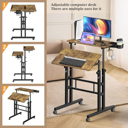 Enayplon Small Standing Desk with Wheels, Mobile Stand Up Desk, Portable Standing Table on Wheels for Walking Pad, Rolling Computer Desk Adjustable Height, Tall Table - color: Brown