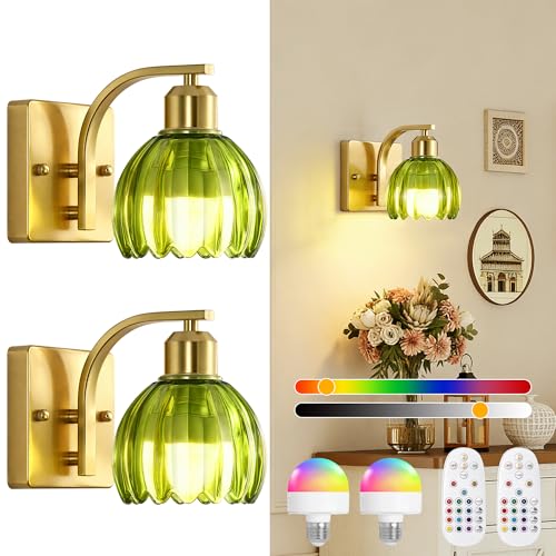 Rechargeable Battery Operated Wall Sconce Set of 2, Wireless Battery Powered Gold Wall Lamps with Green Tulip Glass, Vintage Dimmable Wall Lights with Remote Control for Bedroom Living Room - color: Gold