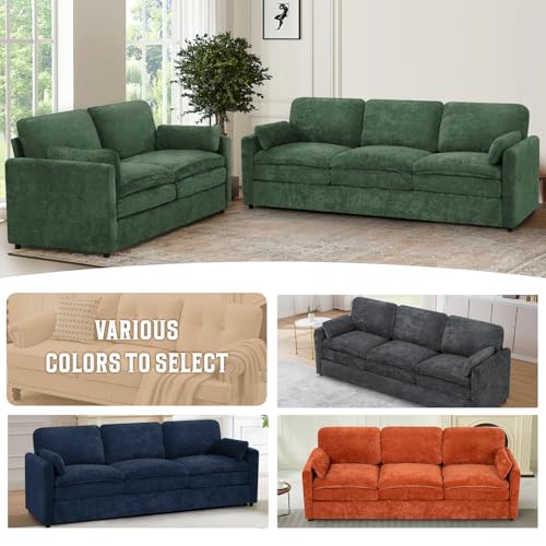 89" Chenille 3 Seats Sofa with 2 Pillows, Green | Modern Upholstered Sofa with Deeper Seats, Comfy Sofa with Thickened Cushions for Living Room, Apartment - color: Green, size: Sofa