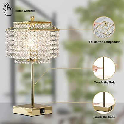 Luvkczc Crystal Touch Table Lamp, Bedside Lamps with with USB C+A Ports, Gold Bedroom Lamp, Dimmable Lamp with Crystal Shade, Nightstand Lamps for Bedroom, Living Room, Bulb Included - color: Gold01