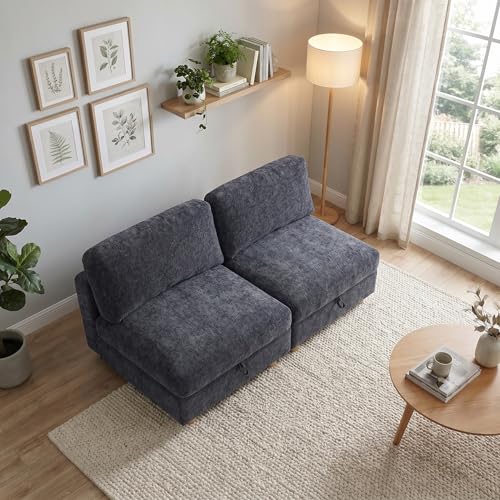 KEIKI Convertible Modular Loveseat Sofa with Storage Seats, Folding Fabric Sleeper Sectional Couch for Apartment Living Room, Compact 2 Seat Sofa with Washable Covers for Dorm, Guest Room - size: 2-Seater