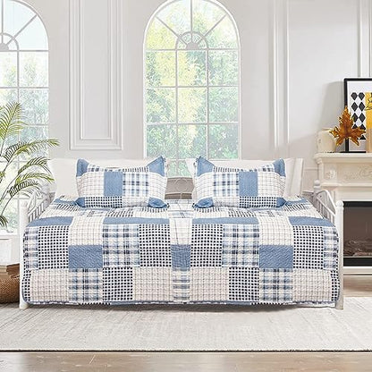 Jarson 3 Piece Plaid Daybed Cover Set Twin Blue Gray White Patchwork Quilted Daybed Bedding Sets Double Side Cozy Sofa Daybed Cover with 2 Shams - color: Blue Gray Plaid
