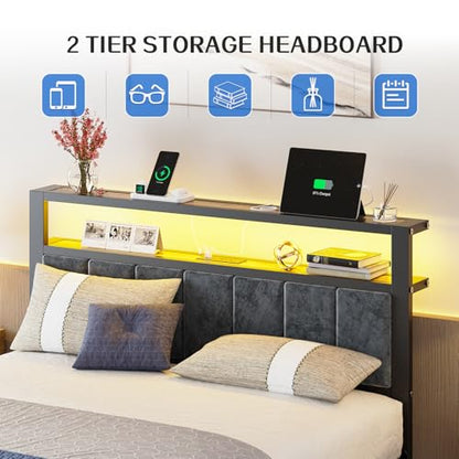 Liians Full Size Bed Frame with LED Lights, Charging Station | Platform Bed with Grey Upholstered Headboard, 2-Tier Storage Shelf, Noise Free, No Box Spring Needed - size: Full