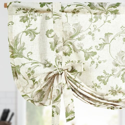 jinchan Linen Blend Kitchen Valance Curtain, Tie up, 42x45, 1 Panel, Green | Light filtering, linen blend, rod pocket, farmhouse style, rustic decor, kitchen, bathroom, laundry room, RV, small windows - color: Botanical | Green on Linen, size: 42"W x 45"L