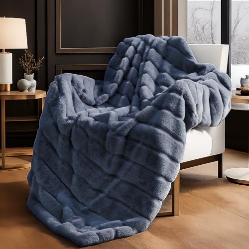 Cozy Bliss Deluxe Sheared Rabbit Faux Fur Throw Blanket, Soft Fuzzy High-Low Sculpted Plush Blanket for Couch, Cozy Home Accent, All Season Use, Blue 50"x60" - color: Stripe - Blue, size: Throw(50" x 60")