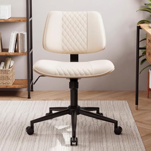 Modern Armless Office Chair with Wheels, Wide Seat Walnut, Beige | Adjustable Swivel Desk Chair with Mid Back & Tilt Function, Faux PU Leather Mid Century Modern Task Office Chair, 300LBS Cap - color: Beige, size: MCM Style Wide Seat