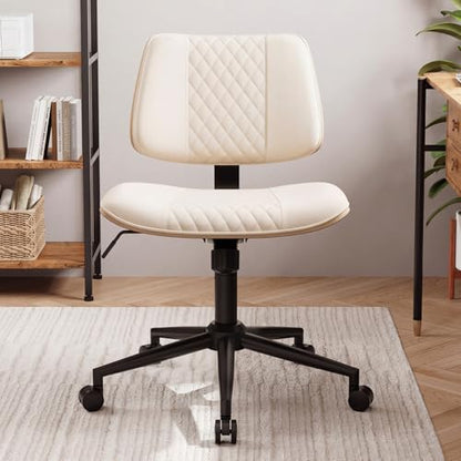 Modern Armless Office Chair with Wheels, Wide Seat Walnut, Beige | Adjustable Swivel Desk Chair with Mid Back & Tilt Function, Faux PU Leather Mid Century Modern Task Office Chair, 300LBS Cap - color: Beige, size: MCM Style Wide Seat