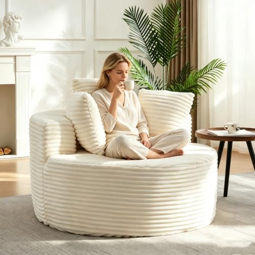 Round Chaise Lounge Chair Indoor, 43" Corduroy Circle Single Cloud Reading Chairs Modern Upholstered Boneless Sofa for Living Room, Bedroom Apartment, Beige - color: Beige, style: 43"Corduroy