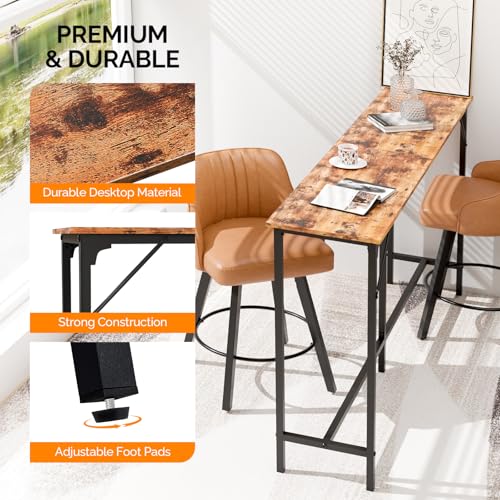 VINGLI 71 Inch Counter Height Bar Table Set with 2 Bar Stools, Wood Narrow Long Pub Table Set, Compact Bar Table for Kitchen/Dining Room/Sofa, Brown - color: Brown, size: 71"L
