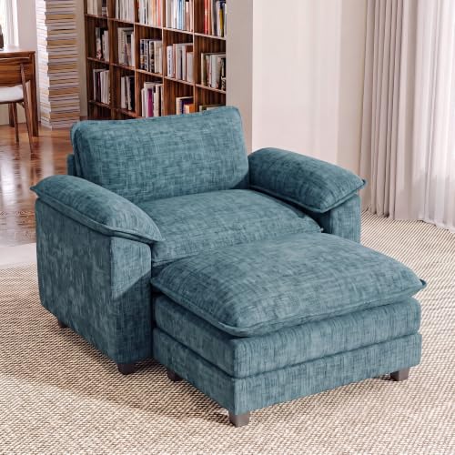 Homall Sofa Accent Chair with Ottoman, 35" Reading Chair, Dark Blue | Comfy Chenille, Double Layer Cushion, Wide Armrest, Deep Seat, Sturdy Frame, High-Density Foam, Single Sofa for Living Room - color: Dark Blue, size: Single Sofa Chair