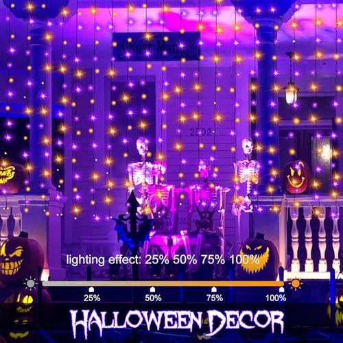 Halloween Curtain Lights Battery Operated Fairy Curtain Lights 9.8×9.8 Ft | Purple Orange Battery Curtain Lights 300 LED with Remote Timer Dimmable 8 Modes for Party Yard Patio Decoration - color: Purple Orange