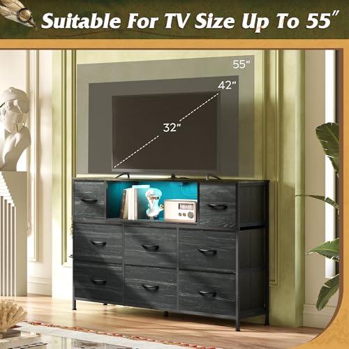 WLIVE Dresser TV Stand for 55 Inch TV, 8 Drawers, LED, Black Wood Grain | Fits TVs up to 55 inch, 8 fabric drawers, Built-in power outlet, Chest of drawers, Living room or bedroom - color: Charcoal Black Wood Grain