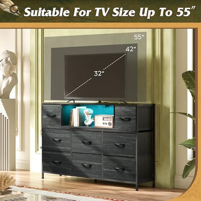 WLIVE Dresser TV Stand for 55 Inch TV, 8 Drawers, LED, Black Wood Grain | Fits TVs up to 55 inch, 8 fabric drawers, Built-in power outlet, Chest of drawers, Living room or bedroom - color: Charcoal Black Wood Grain