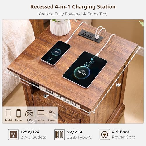 Nightstand Set of 2, 18"Wooden End Table with Charging Station Roman Column | Sofa Side Table Bedside Cabinet for Bedroom, Living Room, Reclaimed Barnwood - color: Reclaimed Barnwood, size: 18"D x 18"W x 24"H