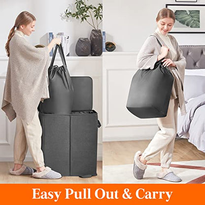Lifewit Double Laundry Hamper with Lid and Removable Laundry Bags, Large Collapsible 2 Dividers Dirty Clothes Basket with Handles for Bedroom Laundry Room Closet Bathroom College, 136L Black - color: Black, size: 136L