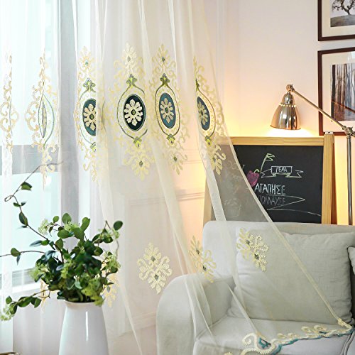 Blue Simple Chenille Jacquard Sheer Window Elegance Curtains/Drapes/Panels/Treatments for Bedroom Living Room,Top Grommets, Two Panels, W54 x L96 inch | Jacquard Floral Detail, Lightweight Voile Feel, Gentle Light Diffusion, for Bedroom and Living Room Wi
