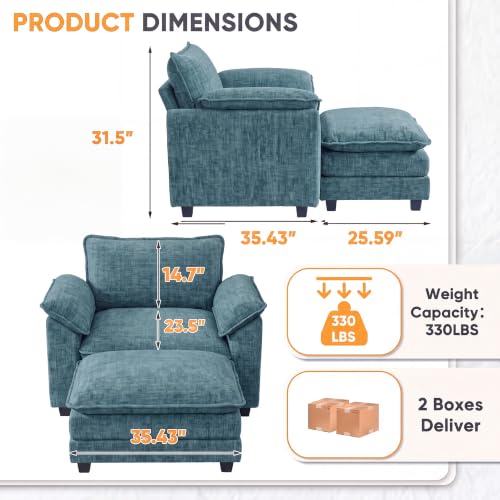 Homall Sofa Accent Chair with Ottoman, 35" Reading Chair, Dark Blue | Comfy Chenille, Double Layer Cushion, Wide Armrest, Deep Seat, Sturdy Frame, High-Density Foam, Single Sofa for Living Room - color: Dark Blue, size: Single Sofa Chair