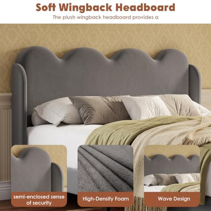 Garvee Twin Bed Frame for Kids, Upholstered Scalloped Wave Tall Headboard, Chenille Wingback Design, Wood Slat Support, No Box Spring Needed, Easy Assembly, Gray | Upholstered Scalloped Wave Tall Headboard, Wood Slat Support, No Box Spring Needed, Easy As
