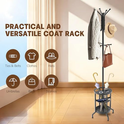 Coat Rack with Umbrella Holder, Coat Rack Freestanding, Metal Coat Tree with 12 Hooks, Modern Coat Hanger Stand for Entryway Living Room Bedroom Office