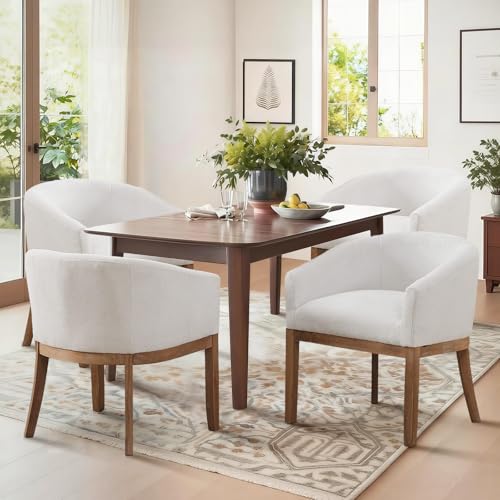 Modern Upholstered Barrel Dining Chair Set of 4, Natural Hardwood Frame, Farmhouse Linen Chairs for Dining Room, Kitchen(Beige) - color: Beige, size: Set of 4
