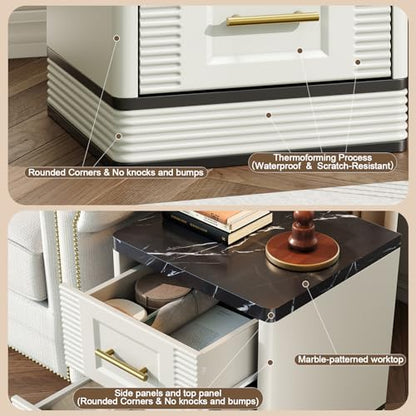 RECHHX Small Dresser for Bedroom, Farmhouse Marble-Effect Nightstand with 2 Drawer for Narrow Spaces, Thermoformed Curved End Table for Bedroom, Living Room, White