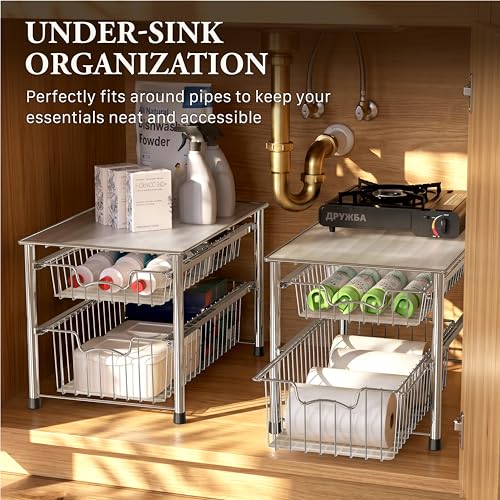 Simple Houseware Stackable 2 Tier Sliding Basket Organizer Drawer, Chrome - color: Chrome, size: 2-tier
