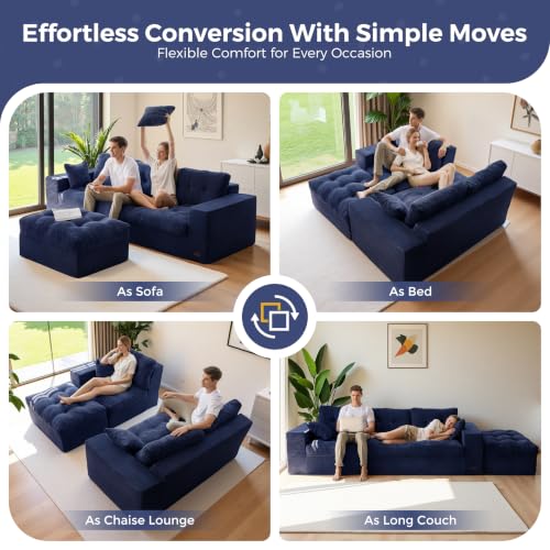 MAXYOYO Boneless Couch, 96-Inch L-Shaped Cloud Couch with Ottoman | Navy Layered Cushioning and Flexible Modules Create an Upholstered Sofa in a Box with No Assembly for Spacious Living Rooms. - color: Navy, size: 96" L Shape