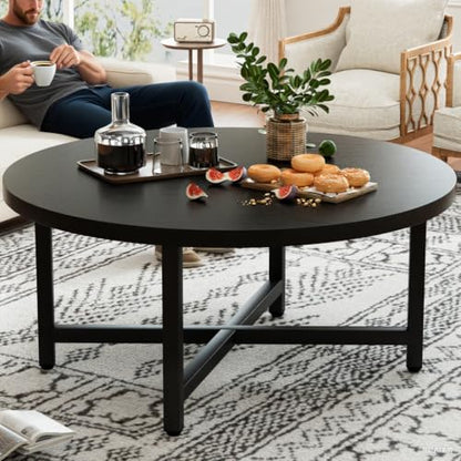 Round Coffee Table, 31.5" Black Coffee Table, Coffee Tables for Living Room | Circle Wooden Coffee Table, Large Modern Center Table with Metal Frame for Office Apartment Home Small Space - color: 31.5"d Round Black