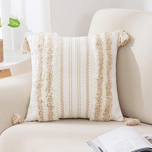 decorUhome Khaki and Cream White Throw Pillow Cover 18x18 Pack of 1 | Decorative Boho Accent Pillow Cover Neutral Modern Farmhouse Tufted Textured Pillow Cover for Couch Bed Sofa - color: Khaki and Cream White, size: 18" x 18" (Pack of 1)