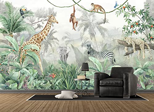 Reyhui Kids Wallpaper Tropical Leves and Safari Animals | 108"x75" Not Peel and Stick Wall Mural for Wall Bedroom Living Room TV Background Sofa Wall - color: MURAL-013, size: 108" x 75"
