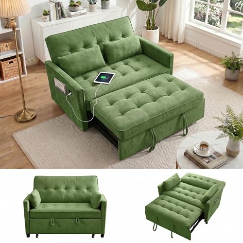 Dreamzie 55'' 3 in 1 Convertible Sofa Bed with USB Charging Ports, Pull Out Couch with Adjustable Backrest and Side Pockets, Sleeper Sofa for Living Room, Apartment, RV, Easy Assembly - Green - color: Green