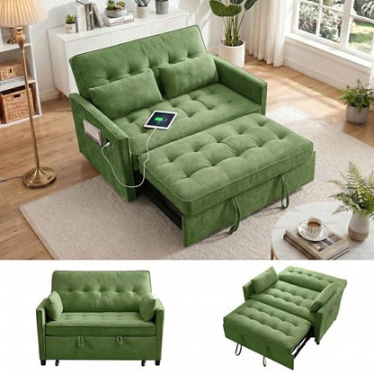 Dreamzie 55'' 3 in 1 Convertible Sofa Bed with USB Charging Ports, Pull Out Couch with Adjustable Backrest and Side Pockets, Sleeper Sofa for Living Room, Apartment, RV, Easy Assembly - Green - color: Green