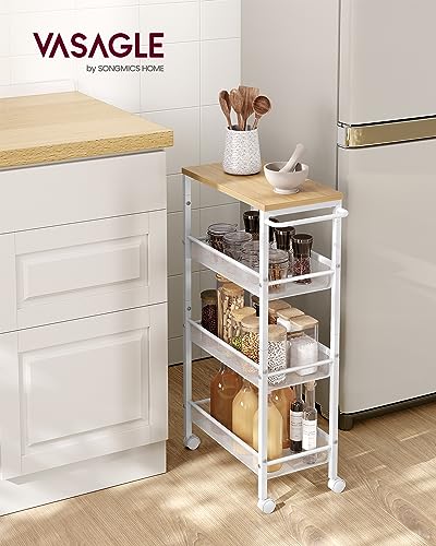 VASAGLE Slim Rolling Cart, 4-Tier Storage Cart, Narrow Cart with Handle, 8.7 Inches Deep, Metal Frame, for Kitchen, Dining Room, Living Room, Home Office, Oak Beige and Classic White ULRC033W09 - color: Oak Beige + Classic White, size: 4 Tiers (8.7"D x 30