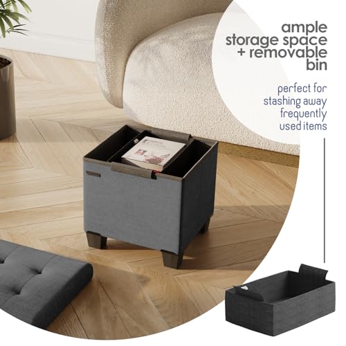 Storage Ottoman Cube with Small Bin, 15-in Square Ottoman with Storage for Living Room and Bedroom, Small Ottomans Foot Rest, Fabric Foot Stools Ottomans Max 330lbs, Grey - color: 02 - Grey