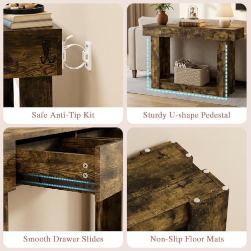 47'' Console Table with 2 Drawers and Open Storage, Entryway Table with Socket, LED Light and Hooks, Narrow Long Wood Sofa Table Behind Couch Table for Living Room, Hallway, Foyer, Brown - size: 47'' IN