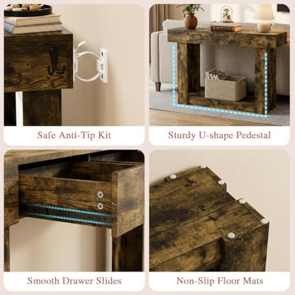 47'' Console Table with 2 Drawers and Open Storage, Entryway Table with Socket, LED Light and Hooks, Narrow Long Wood Sofa Table Behind Couch Table for Living Room, Hallway, Foyer, Brown - size: 47'' IN