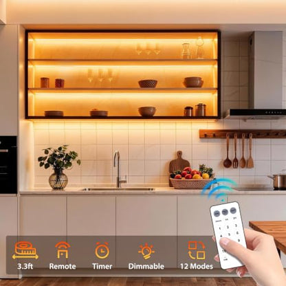 3 Pack 3.3FT Battery Powered LED Strip Lights with Remote Timer, 2700K-6000K Tunable White LED Cabinet Lights, Self-Adhesive Dimmable USB LED Strip Lights with12 Modes for Kitchen Bookshelf Cupboard - size: 3.3FT