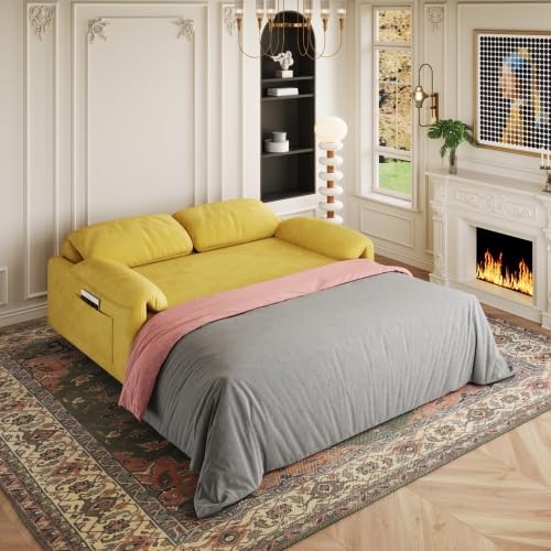 anwickjeff 54'' Corduroy 3-in-1 Convertible Sofa Bed, Pull Out Sleeper Loveseat Couch with USB Ports & Storage Pockets, Futon Couches for Small Space, Living Room, Apartment (Yellow) - color: Yellow